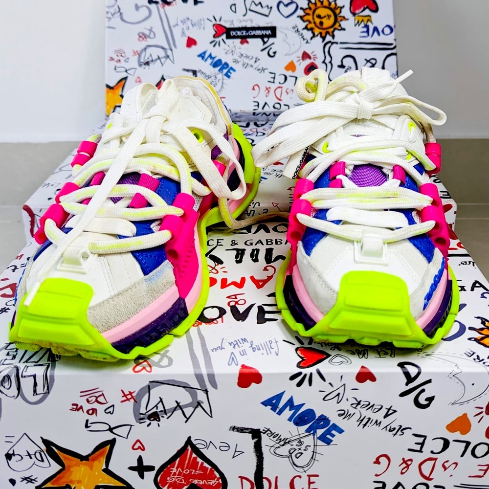 $1700 New Authentic Dolce & Gabbana Space Leather Sneakers neonpink, blue ,black